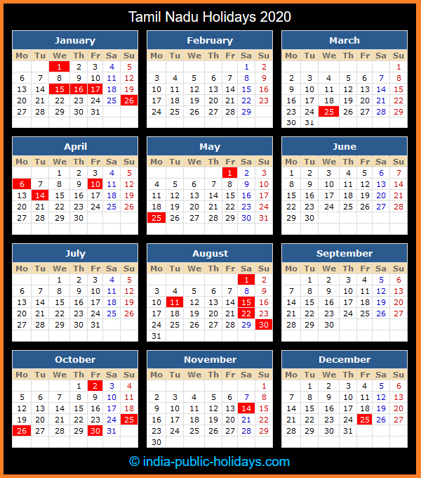 Tamil Nadu Holiday Calendar 2020